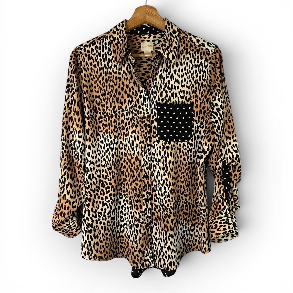 Chicos Button Down Shirt Women 1 Medium Leopard Polka Dot Pattern Mix Top Blouse
